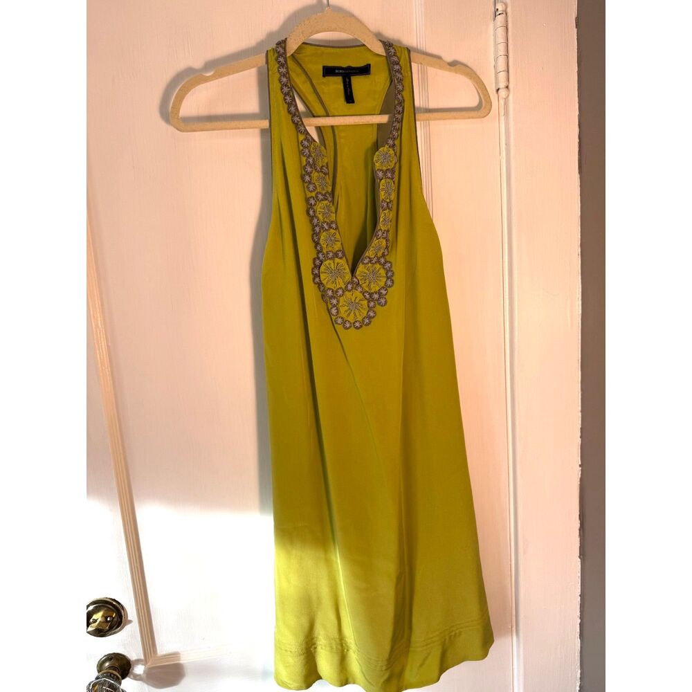 BCBGMaxazria 100% Silk Green Embroidered Dress